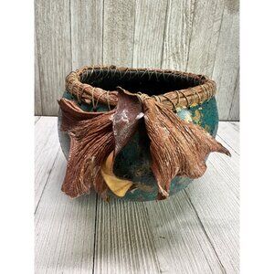 Vintage Tribal Made Blue Gourd Dried Wrapped and Sewn Basket Bowl Trinket Decor